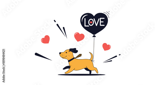 Adorable cartoon dog wearing a tie runs happily while holding a black heart-shaped balloon that says 'LOVE' on it.