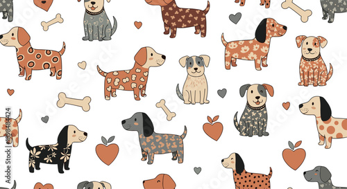Seamless pattern with various cute and colorful cartoon dogs of different breeds, along with bones and heart shapes.