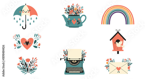 Charming collection of romantic and spring-themed icons like a typewriter, rainbow, love letter, and birdhouse.