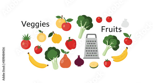 Assortment of fresh fruits and vegetables like broccoli, tomatoes, bananas, and apples, labeled 'Veggies' and 'Fruits'.