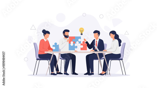 Teamwork strategy, collaboration, puzzle solving, business idea, meeting