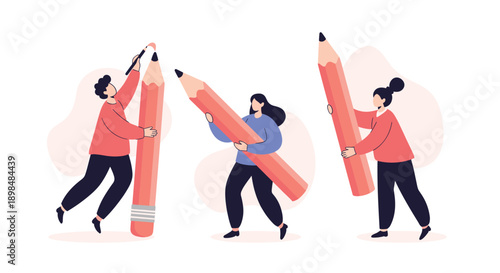 Group of three people collaborating and working together, holding giant pencils as a metaphor for creativity and teamwork.