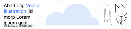 Digital design, minimalism, environment, growth, creativity, conceptual art. Blue cloud, stylized tulip upward arrows text elements. Environment and growth conceptual style