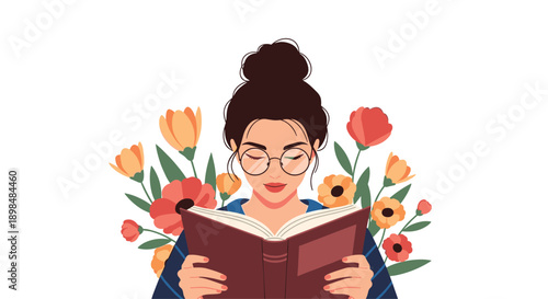 Portrait of a charming young woman with glasses and her hair in a bun, deeply focused on reading a book among flowers.