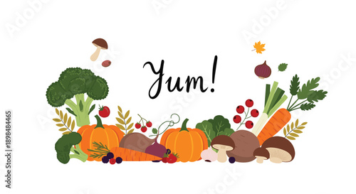 Bountiful arrangement of fresh autumn harvest vegetables like pumpkins, carrots, and mushrooms with the word 'Yum!' handwritten.