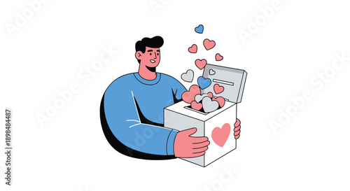 Happy man holding a large donation box, with many small hearts flying out of it, symbolizing charity and kindness.