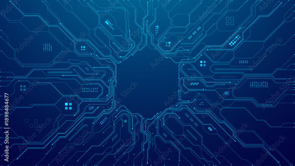 Obraz premium Digital circuit board background with glowing blue data patterns and tech lines creating futuristic abstract design for AI hexagon semiconductor technology concepts. Digital blue technology background