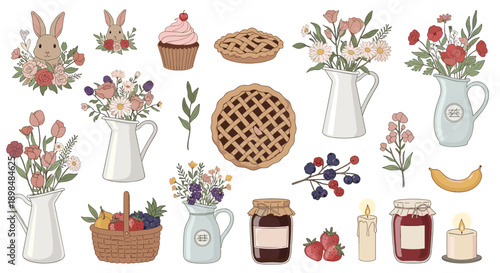 A charming collection of cottagecore and picnic-themed items, including pies, jam, flowers in pitchers, and a cute rabbit.