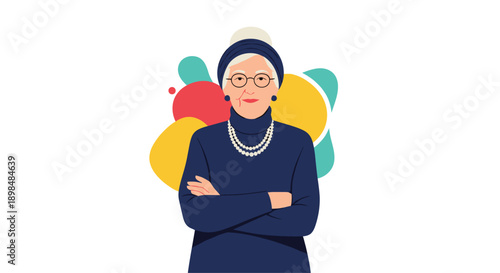 A confident and stylish elderly woman with glasses, a pearl necklace, and arms crossed, set against colorful shapes.