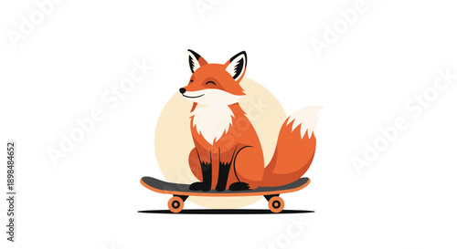 A cool and happy red fox character smiles while sitting on a skateboard against a circular background, isolated on white.