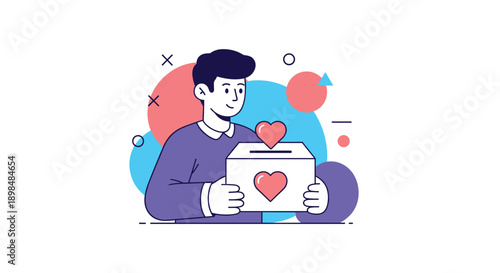 A young man holds a donation box with hearts, symbolizing charity and volunteering, against a colorful abstract background.