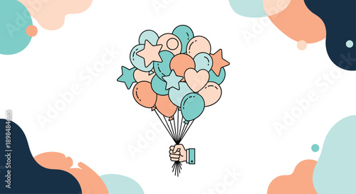 A hand holds a large bunch of colorful balloons in various shapes like hearts and stars, framed by abstract shapes.