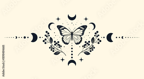 Mystical and celestial design with a central butterfly, surrounded by moon phases, stars, and botanical berry branches.