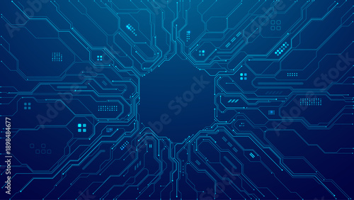 Digital circuit board background with glowing blue data patterns and tech lines creating futuristic abstract design for AI hexagon semiconductor technology concepts. Digital blue technology background