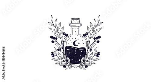 Black and white illustration of a magic potion bottle with a night sky inside, framed by delicate berry branches.
