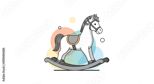 A charming children's rocking horse toy in a simple art style, set against a background of soft, colorful circles.