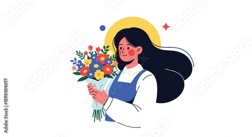 Joyful young woman with long dark hair, wearing an apron, happily holding a vibrant and colorful bouquet of fresh flowers.