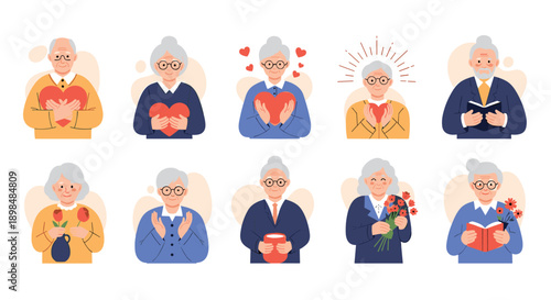 Collection of ten diverse and expressive avatars of elderly men and women showing love, joy, and various emotions.