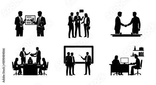 Business meeting and collaboration silhouettes for corporate concepts.