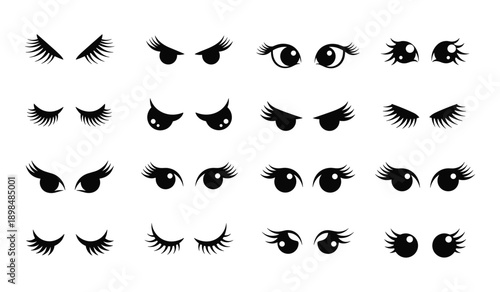 Collection of Sixteen Black and White Stylized Eyes and Eyelashes for Various Expressions illustration