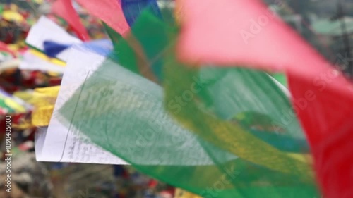 Colorful Buddhist prayer flags waving in the wind at Buddha Mandir Dalai Hill Dehradun symbolizing peace spirituality Tibetan culture faith and Himalayan tradition