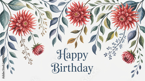 happy birthday card with flowers and leaves
