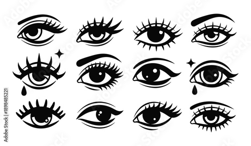 Collection of Twelve Stylized Black and White Eye Illustrations with Eyelashes and Accents eyes