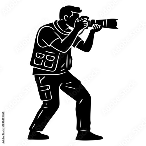 Vector Silhouette of Professional Photographer with DSLR Camera and Telephoto Lens