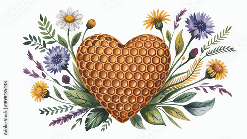 heart shaped honeycomb with colorful flowers and leaves arrangement