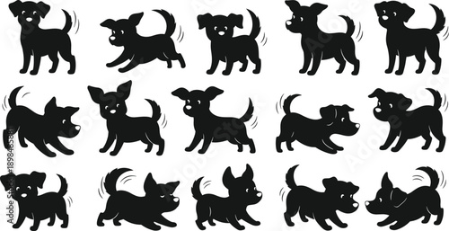 Silhouette illustration of fifteen playful dogs in various poses including standing, running, jumping, and crouching, isolated on white background for pet, animal, and design themes
