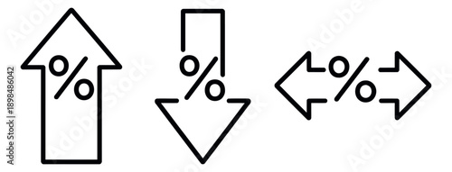Line art arrow icon set featuring percentage symbols with upward, downward, and bidirectional movement for financial data