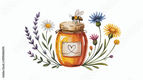 Honey jar with flowers and bee on white background