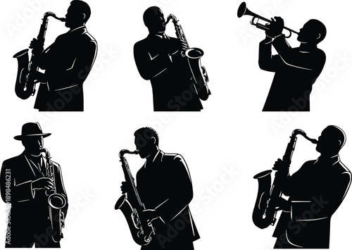 Silhouette jazz musicians performing with saxophones and trumpet, expressive poses in classic style, isolated on white background, ideal for music, culture, and entertainment themes