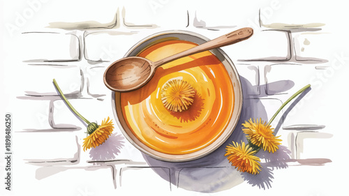 Honey with dandelion flowers and wooden spoon on ceramic plate against brick wall
