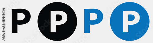 Parking sign icons in black and blue, indicating parking availability and zones.