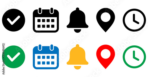 Location time calendar and notification bell icons set flat vector Flat design user interface icon bundle for apps