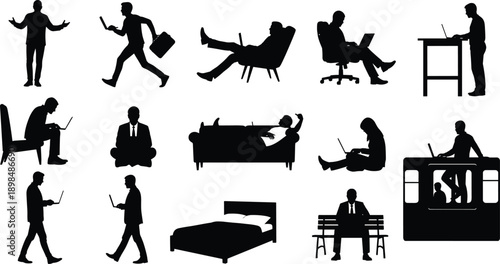 Silhouette of fourteen people using laptops in varied postures and settings, symbolizing technology, mobility, workplace, lifestyle, and everyday digital connectivity on white background