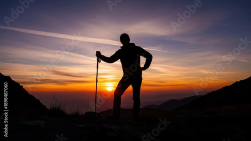 Silhouette of a hiker with a walking stick at sunset.