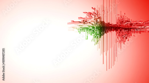 Abstract sound wave representation with vertical bars in red, white, and green hues conveying energy and movement