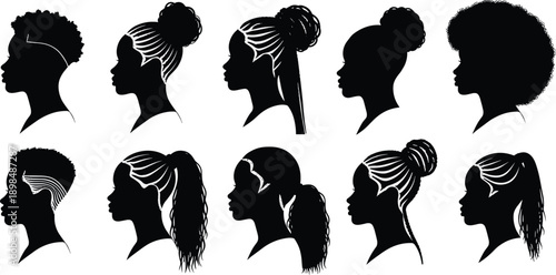 Silhouette profiles of diverse individuals with unique hairstyles including afros, buns, ponytails, braids, and twists, isolated on white background, representing culture, fashion, and identity