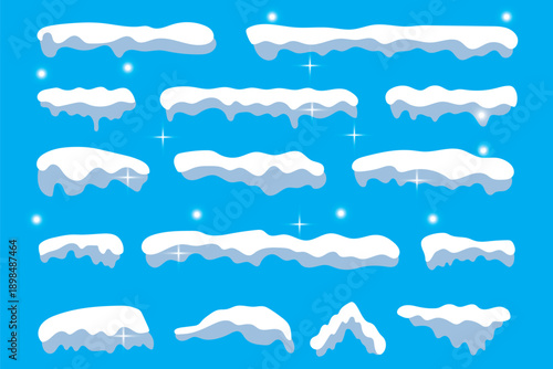 A set of snow caps, snowballs, and snowdrifts. Vector collection of snow caps. Snow elements on a winter background