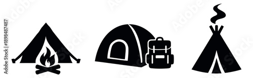 Simple icon camping set featuring tents, a campfire, and a backpack for outdoor adventure