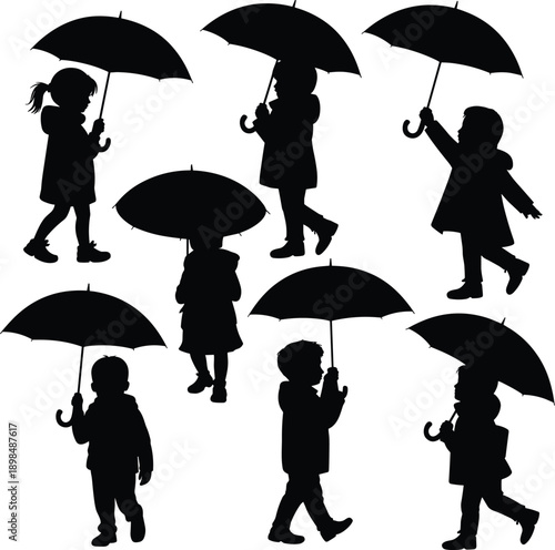 Kids with umbrella silhouette set, children walking in rain scenes, cute rainy weather illustration, black playful collection icons design bundle