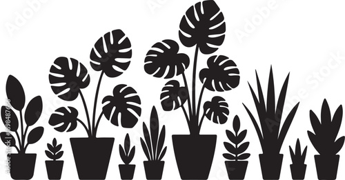 Set of Potted Houseplant Silhouettes – Black Indoor Plant Icons, Decorative Botanical Collection Vector Illustration