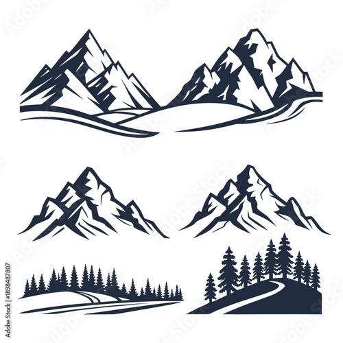 A vector illustration of a cold winter mountain landscape featuring high snowy peaks, a pine forest, and a blue sky over the frozen Alps range