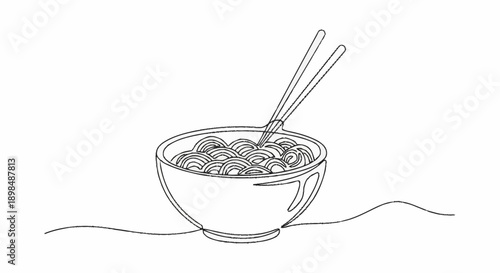 Single Line Drawing of a Bowl of Noodles with Chopsticks.