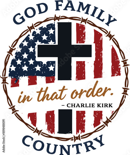 God Family Country Christian Faith Quote With Cross And American Flag