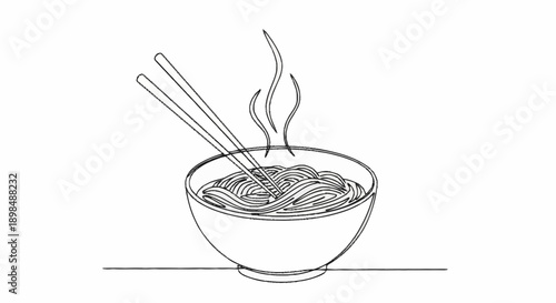 Steaming Bowl of Noodles with Chopsticks Line Art.