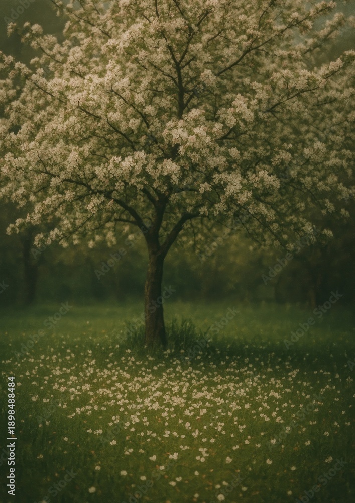 Fototapeta premium Serene blossoming tree landscape wallpaper.