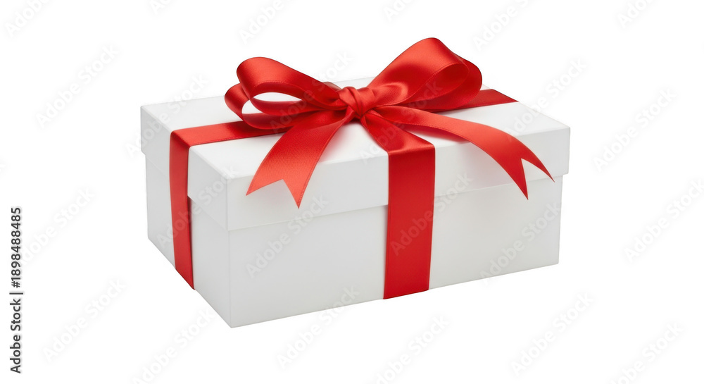 Fototapeta premium Plain White Gift Box with Red Ribbon and Bow - Isolated Subject
